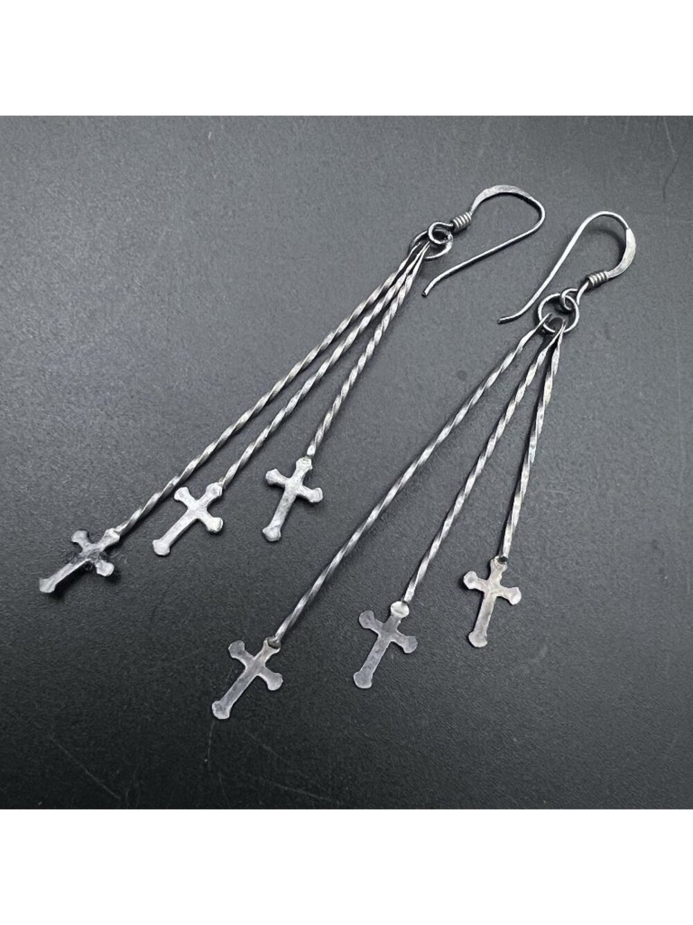 Vintage Sterling Silver Triple Bar Cross Dangle Earrings Gothic 3"